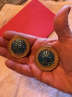 Vintage RICHARD KERR Goldtone Paved Blue Rhinestone Crystals Clip On Earrings
